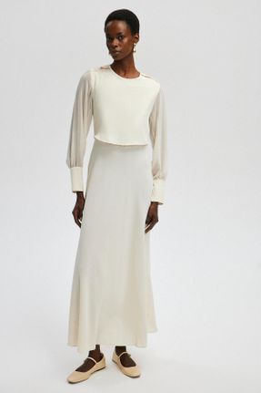لباس بژ زنانه بافتنی پنبه - پلی استر رگولار آستین-بلند کد 822226379