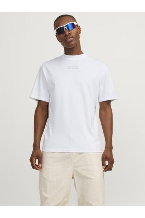 تی شرت سفید مردانه ریلکس یقه گرد پنبه - پلی استر تکی کد 822369223