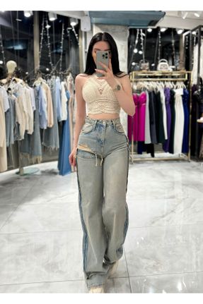 شلوار جین سبز زنانه پاچه گشاد فاق بلند جین استاندارد کد 822151459
