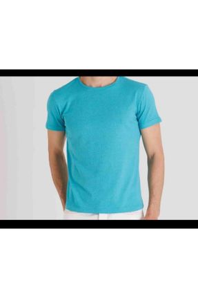 تی شرت فیروزه ای مردانه یقه خدمه اسلیم فیت پنبه (نخی) تکی کد 822144394
