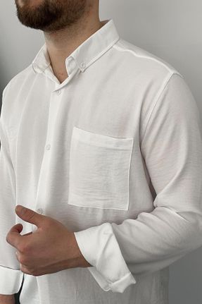 پیراهن سفید مردانه یقه پیراهنی اسلیم فیت کتان کد 814376110