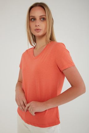 تی شرت نارنجی زنانه یقه هفت کد 113323184