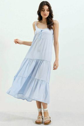 لباس آبی زنانه بافت پلی استر A-line بند دار بیسیک کد 822619429