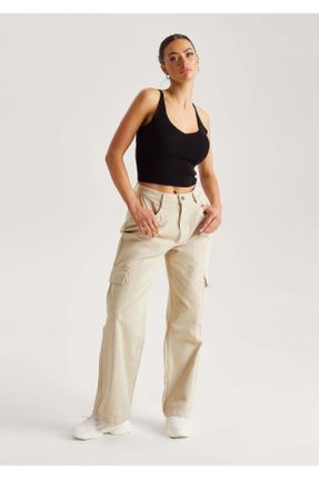 شلوار جین بژ زنانه پاچه گشاد فاق بلند پوشاک ورزشی بلند کد 822538840