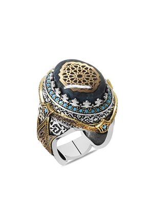 انگشتر نقره آبی مردانه کهربا Tesbihane - کد 744753682