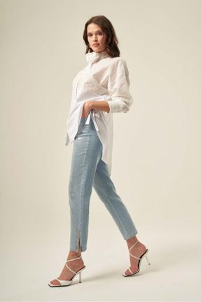 شلوار آبی زنانه پلی استر جین پاچه تنگ بدون جیب کد 822804193