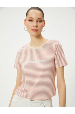 تی شرت صورتی زنانه رگولار یقه گرد پنبه - پلی استر تکی کد 808414279