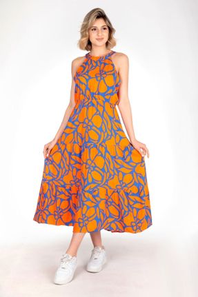 لباس نارنجی زنانه بافتنی ویسکون طرح گلدار A-line کد 729017818