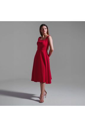 لباس قرمز زنانه بافتنی کرپ آستین-کوتاه بیسیک کد 820323675