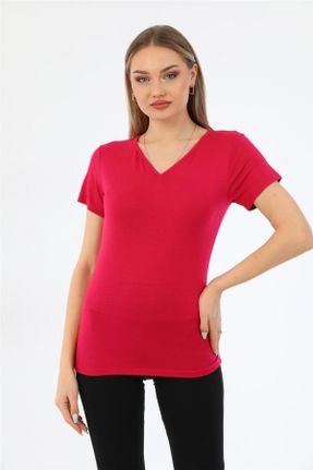 تی شرت صورتی زنانه رگولار یقه گرد ویسکون تکی بیسیک کد 681591493