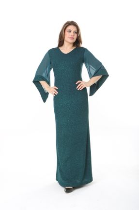 لباس مجلسی سایز بزرگ سبز زنانه یقه هفت رگولار آستین بلند کد 823015662