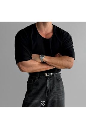 تی شرت مشکی مردانه رگولار یقه گشاد پنبه (نخی) تکی بیسیک کد 822991770