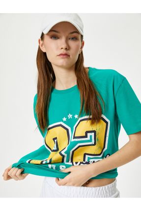 تی شرت سبز زنانه ریلکس یقه گرد پنبه (نخی) تکی کد 814060185