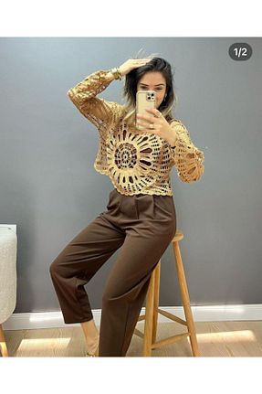 بلوز قهوه ای زنانه ساده NUR TEKSTİL - کد 823097499