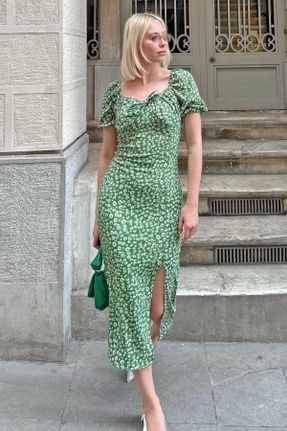 لباس سبز زنانه بافتنی پنبه - پلی استر طرح گلدار رگولار آستین-کوتاه کد 823542260