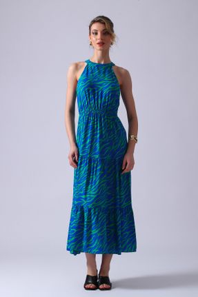 لباس آبی زنانه بافتنی ویسکون طرح گلدار A-line کد 757351831
