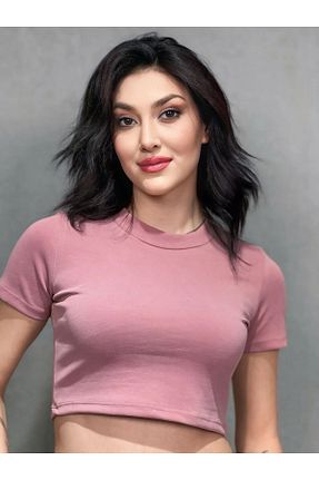 تیشرت صورتی زنانه کروپ فیت Asymoda - کد 823332271