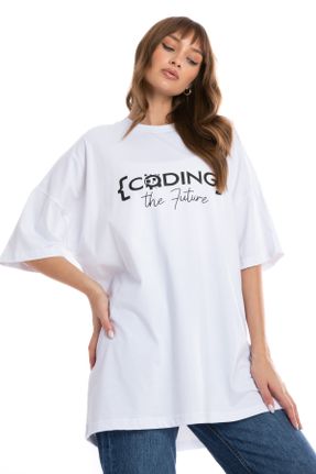تی شرت سفید زنانه اورسایز یقه گرد کد 776737658