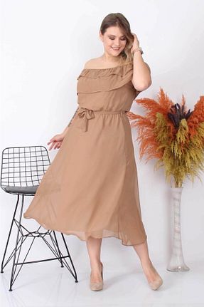 لباس سایز بزرگ قهوه ای زنانه شیفون Neşeli Butik - کد 114869168