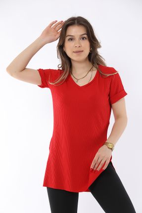 تی شرت قرمز زنانه رگولار یقه هفت پلی استر بیسیک کد 823662456