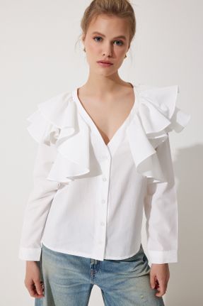 پیراهن سفید زنانه پنبه - پلی استر رگولار کد 824195249