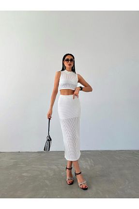 ست بالاتنه و پائین تنه سفید زنانه تریکو İKRAFASHİON - کد 823864592