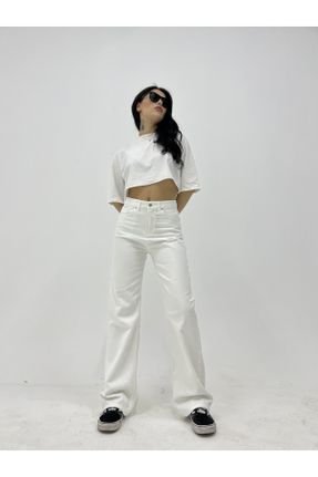 شلوار سفید زنانه پنبه (نخی) جین پاچه راحت فاق بلند باگی فیت کد 681495573