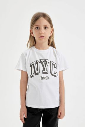 تی شرت سفید بچه گانه رگولار یقه گرد تکی کد 824247578