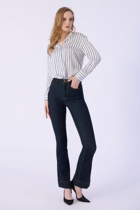 شلوار جین سرمه ای زنانه پاچه گشاد فاق بلند جین بلند کد 813528627