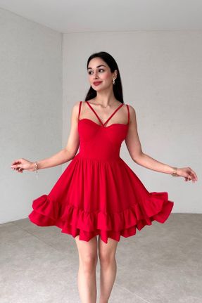 لباس قرمز زنانه بافتنی پنبه - پلی استر گلوژ بند دار کد 824401029