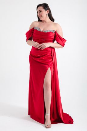 لباس مجلسی سایز بزرگ قرمز زنانه یقه هفت ساتن رگولار آستین استاندارد کد 809007622