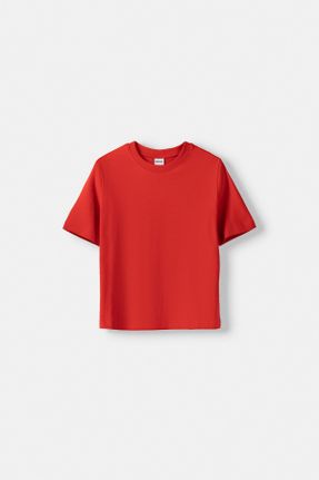 تی شرت قرمز زنانه ریلکس پنبه (نخی) یقه دگاژه کد 824423886
