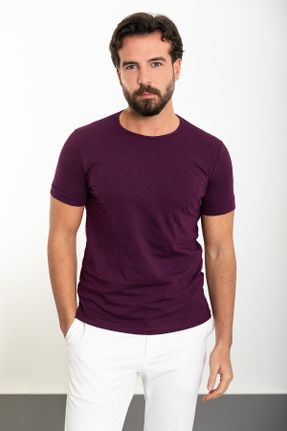 تی شرت بنفش مردانه اسلیم فیت یقه گرد پنبه (نخی) کد 813887370