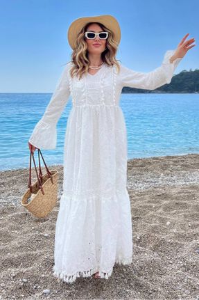لباس سفید زنانه بافتنی دانتل رگولار آستین-بلند کد 824517766