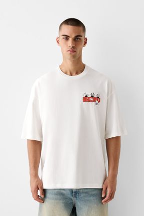 تی شرت سفید مردانه ریلکس یقه دگاژه پنبه (نخی) کد 824090003