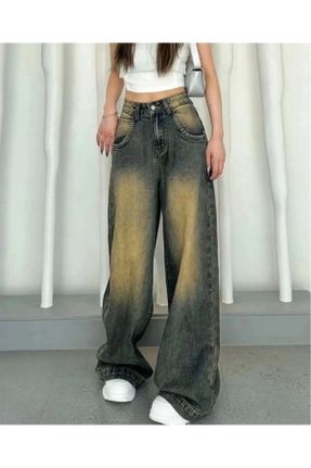 شلوار جین سبز زنانه پاچه گشاد فاق بلند جین ساده جوان بلند کد 824243200
