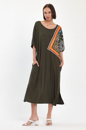 لباس خاکی زنانه بافتنی ویسکون اورسایز آستین-کوتاه کد 824299085