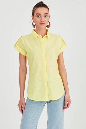 پیراهن زرد زنانه اورسایز یقه پیراهنی مخلوط ویسکون کد 824216704