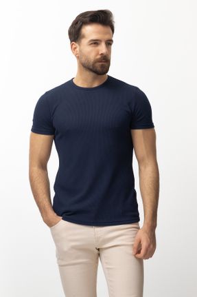 تی شرت سرمه ای مردانه اسلیم فیت یقه گرد پنبه (نخی) بیسیک کد 101887617