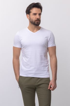 تی شرت سفید مردانه سوپر اسلیم فیت یقه هفت بیسیک کد 58827205