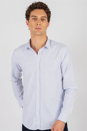 پیراهن آبی مردانه یقه پیراهنی اسلیم فیت پنبه - پلی استر کد 305363603