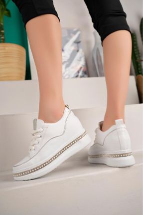 کفش اسنیکر سفید زنانه بند دار چرم مصنوعی کد 824560513