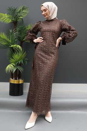لباس مجلسی حجاب قهوه ای زنانه یقه دوچرخه GİZ AGİYİM - کد 824073589