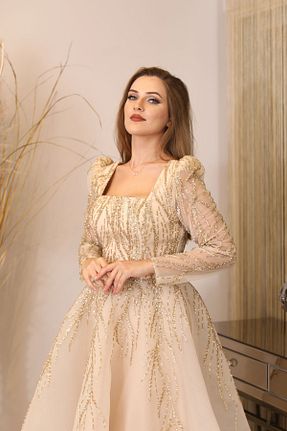 لباس مجلسی طلائی زنانه دانتل سایز بزرگ یقه مربع بدون آستر کد 824451286