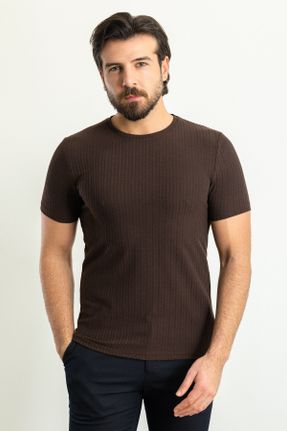 تی شرت قهوه ای مردانه اسلیم فیت یقه گرد کد 755396269