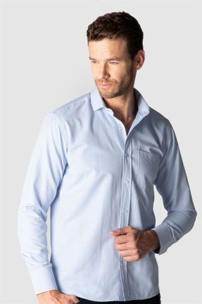 پیراهن آبی مردانه یقه پیراهنی پنبه - پلی استر رگولار کد 349057709