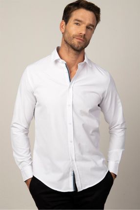 پیراهن سفید مردانه اسلیم فیت یقه پیراهنی پنبه - پلی استر کد 465346244