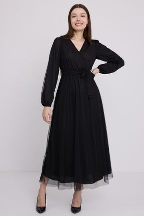 لباس مشکی زنانه بافتنی تور رگولار آستین-بلند کد 824675802