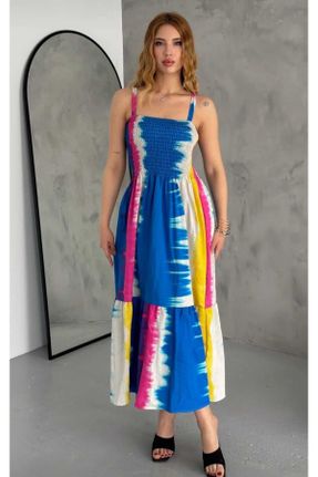 لباس آبی زنانه طرح گلدار اورسایز بند دار کد 824684597