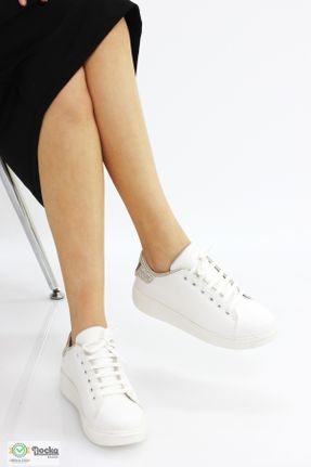 کفش اسنیکر سفید زنانه بند دار چرم مصنوعی کد 824713792